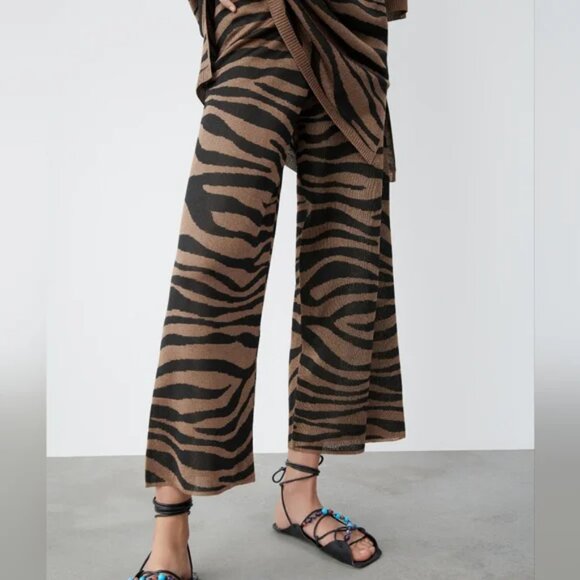 Zara Zebra Knit Crop Wide Leg Pants In Black And Brown Size S EUC - Picture 1 of 13